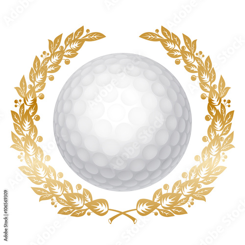 White Golf Ball in Golden Laurel Wreath. Realistic Vector Illustration. Isolated on White Background.