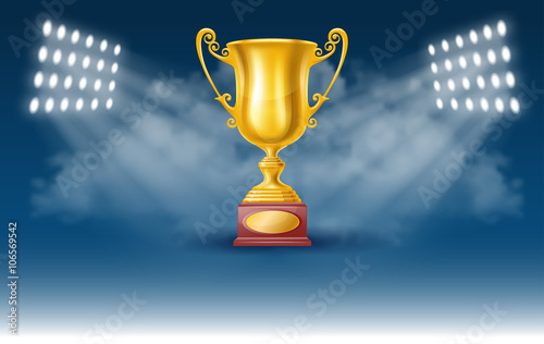 Sport Tournament Poster with Golden Trophy Cup in the Spotlight on Blue Background. Sport Concept. Sport Advertising. Realistic Vector Illustration.