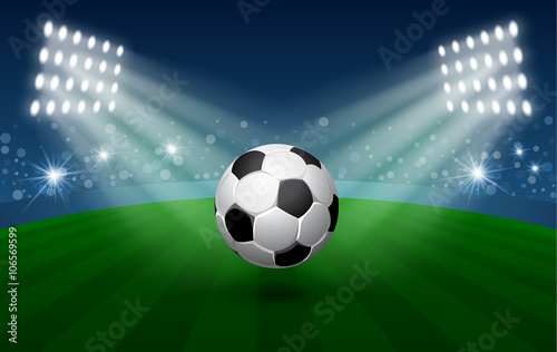 Football Sport Poster with Flying Soccer Ball in Spotlights on Stadium. Realistic Vector Illustration. 