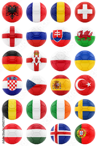 3D rendering of footballs with flags, isolated on white