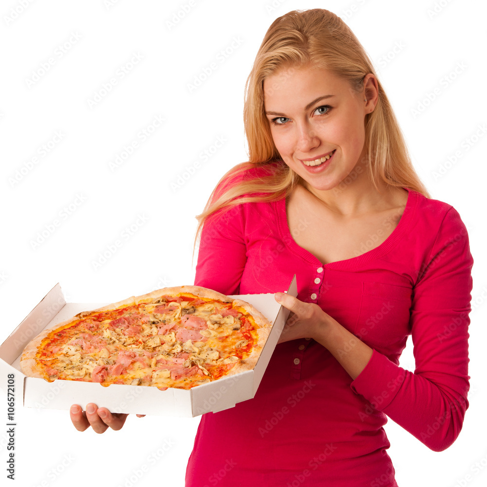 Woman with big pizza in carton box can't wait to eat it. Woman with big pizza in carton box can't wait to eat it.