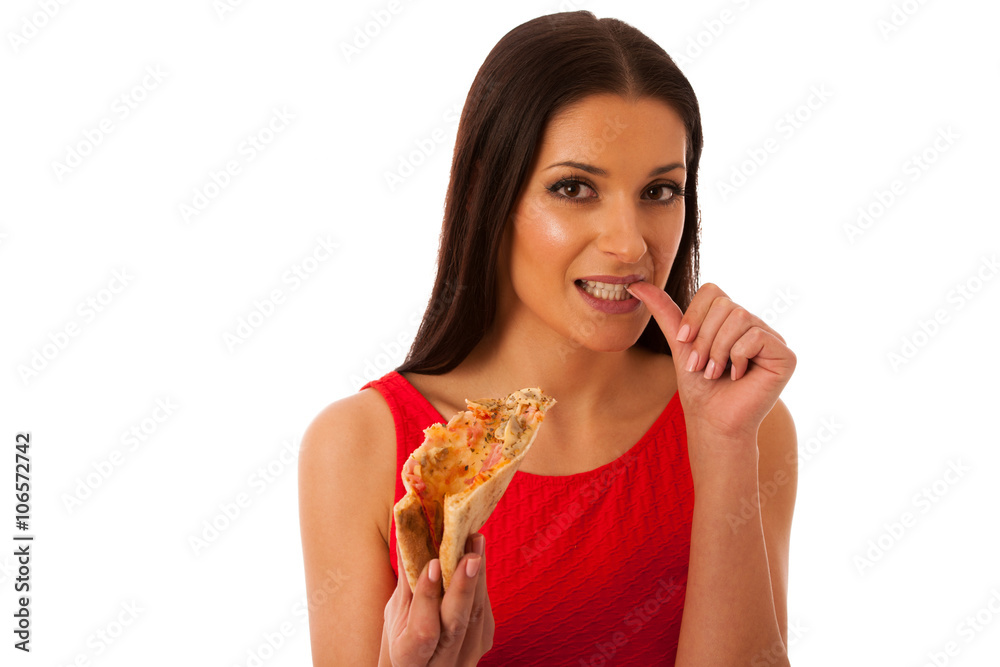 Woman eating tasty piece of pizza. Unhealthy fast food meal. Woman eating tasty piece of pizza. Unhealthy fast food meal.