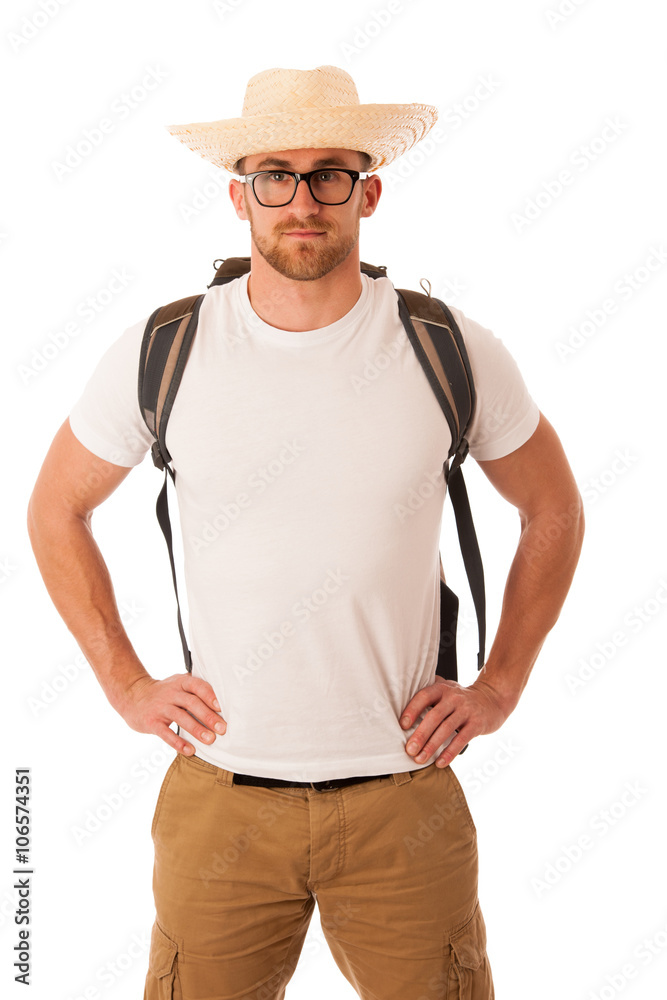 Traveler with straw hat, white shirt and backpack standing isola Traveler with straw hat, white shirt and backpack standing isola