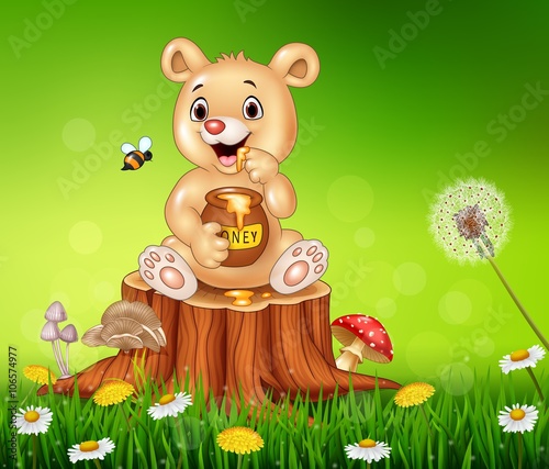 Cute little bear holding honey on tree stump