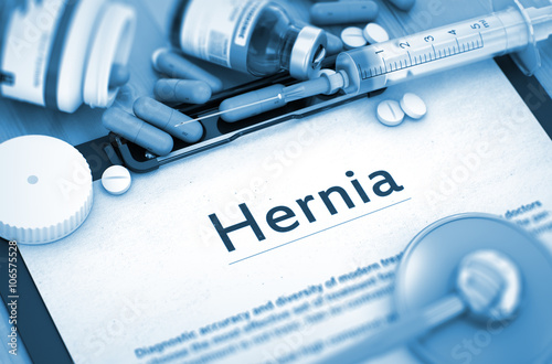 Hernia - Medical Report with Composition of Medicaments - Pills, Injections and Syringe. Diagnosis - Hernia On Background of Medicaments Composition - Pills, Injections and Syringe. Toned Image. 3D. photo