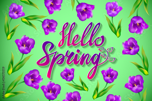 Hello Spring Vector Design with 3D Realistic Fresh Plants and Flowers Elements for Spring Season. Vector Illustration