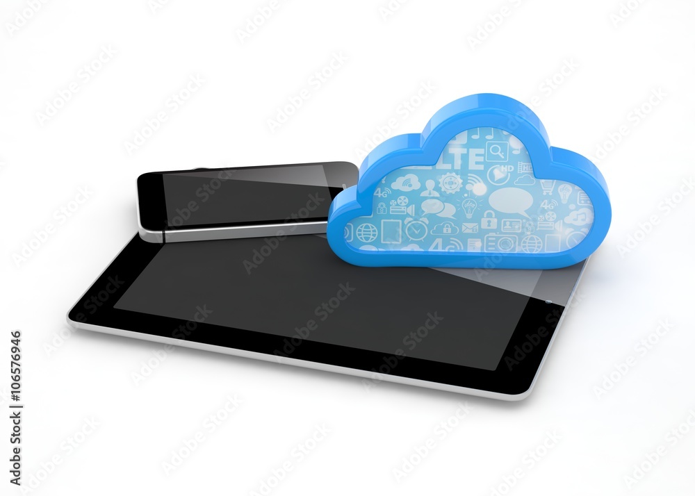 tablet pc, smart phone and cloud. 3D rendering. tablet pc, smart phone and cloud. 3D rendering.