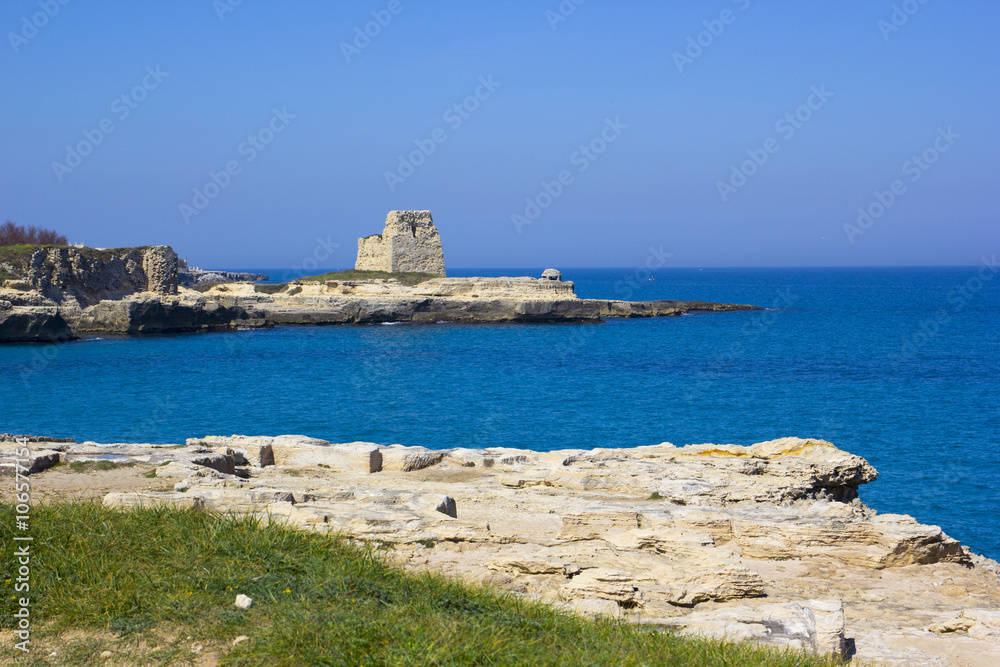 Scenic rocky cliffs on the waterfront of Salento