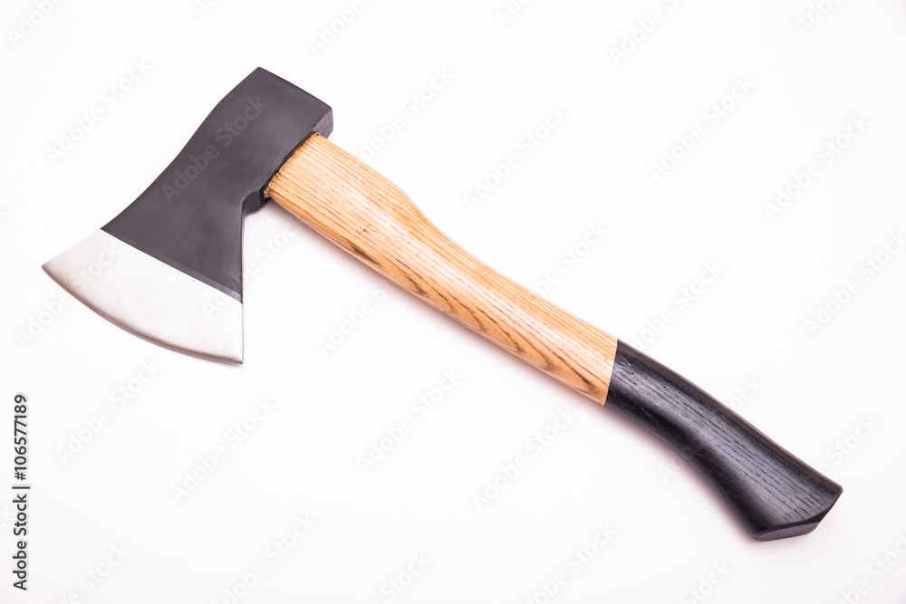 Small hand axe with wooden black handle isolated on white background Small hand axe with wooden black handle isolated on white background