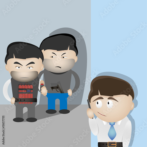 Terrorists and scared man. Basic safety concept vector image.