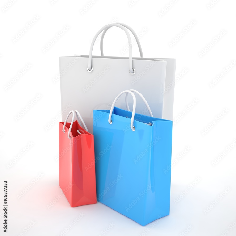 Paper Shopping Bags isolated on white background. 3D rendering. Paper Shopping Bags isolated on white background. 3D rendering.