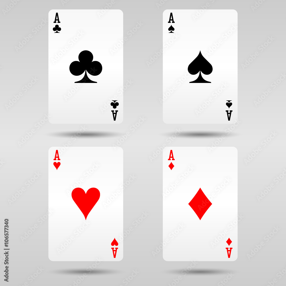 Collection of four ace cards. Card game illustration with shadow effect. Collection of four ace cards. Card game illustration with shadow effect.