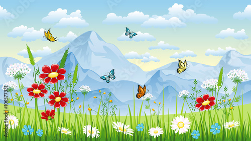 Floral background with butterflies and moutains