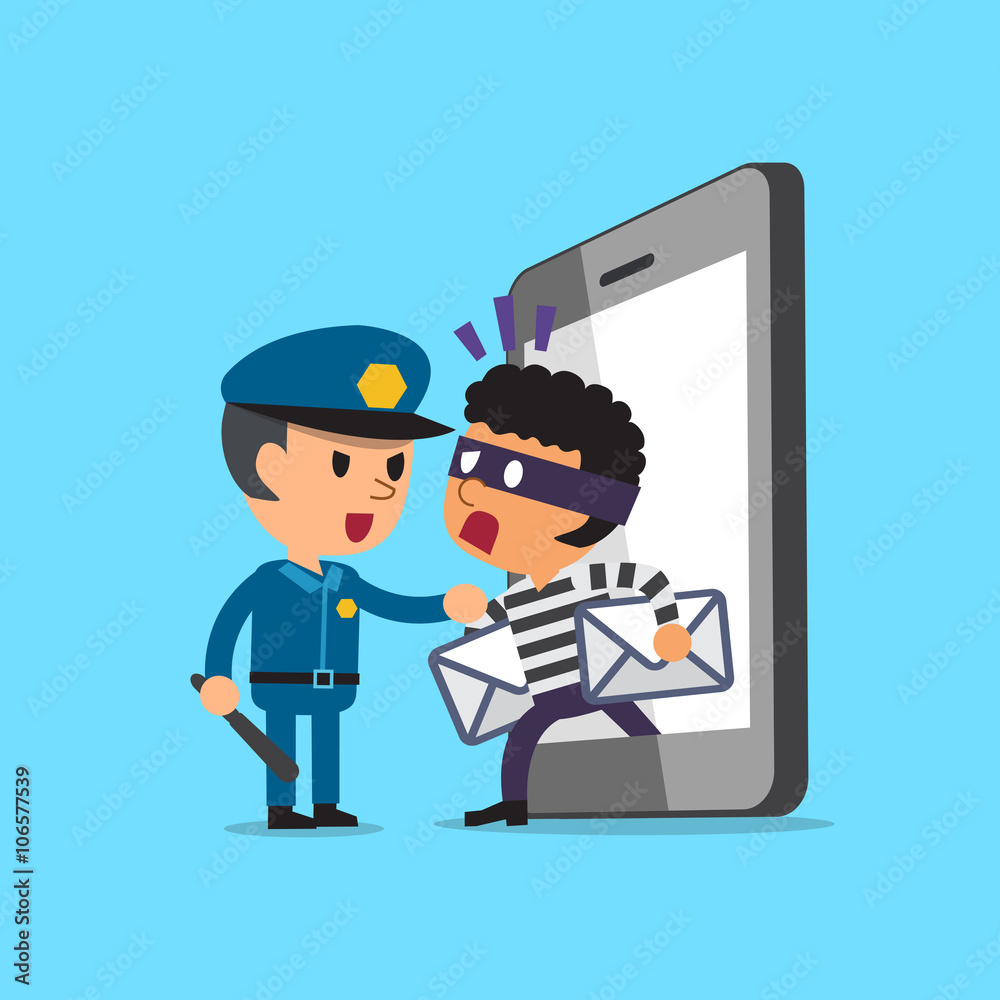 Cartoon thief stealing mails from smartphone and policeman Cartoon thief stealing mails from smartphone and policeman