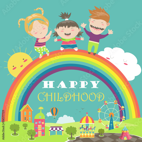 Happy children with rainbow and carousel