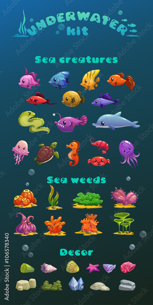 Fototapeta premium Cute cartoon underwater icons set