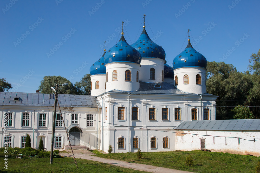 St. George's monastery in Veliky Novgorod. The Orthodox Christian Church. The Orthodox religion of Russia. The monastery's oldest Church buildings in Russia in 1030 year. White Church with blue domes.