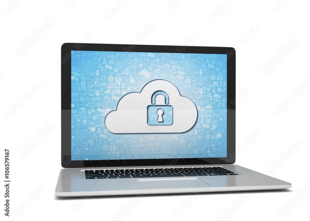 3d rendering of a laptop with cloud security concept 3d rendering of a laptop with cloud security concept