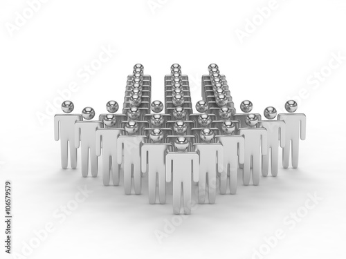 Many 3d people figure in arrow shape with the leader in front. 3D rendering.
