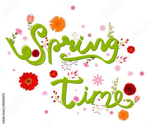 Beauty spring text with colorful flower
