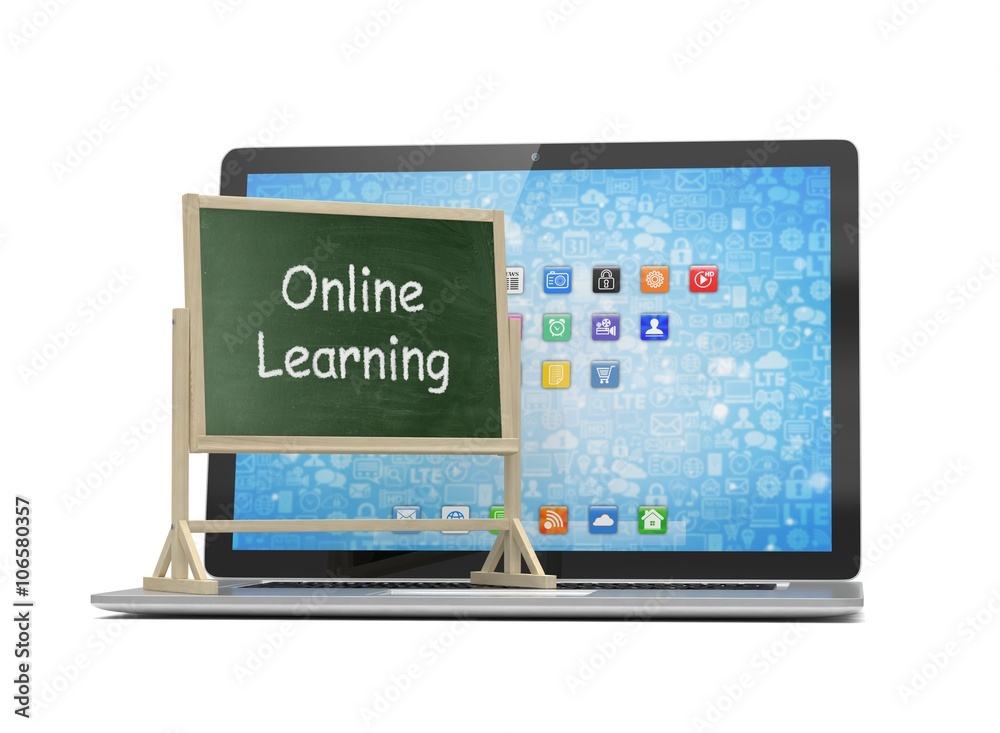 Laptop with chalkboard, online education concept. 3D rendering. Laptop with chalkboard, online education concept. 3D rendering.