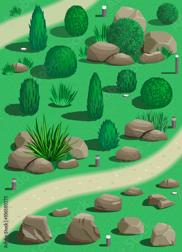 Set of plants and stones for landscaping in vector graphics