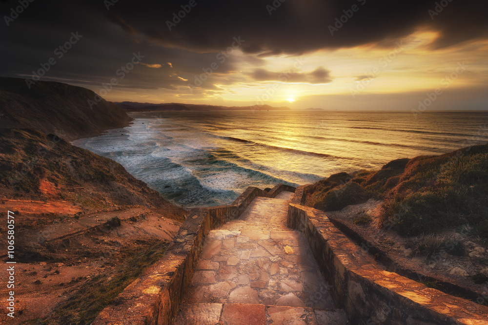 Stairs to the Barrika beach at sunset