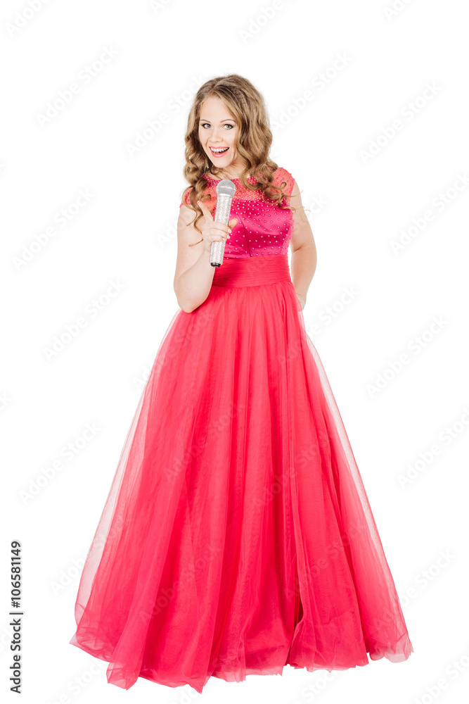 Studio shot beautiful young singing girl in elegant red dress 