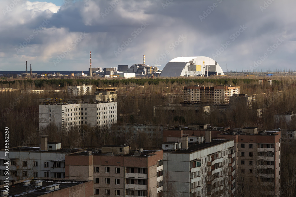 UKRAINE. Chernobyl Exclusion Zone. - 2016.03.19. The Nuclear power plant. View from Pripyat UKRAINE. Chernobyl Exclusion Zone. - 2016.03.19. The Nuclear power plant. View from Pripyat