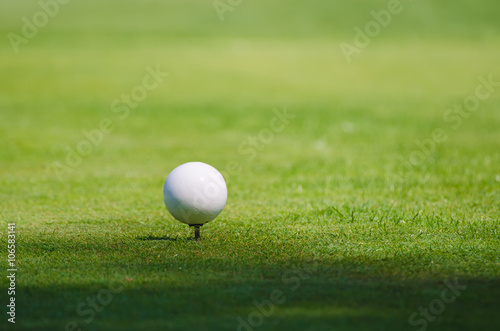 Golf ball on the green lawn background, sunny natural sport image. Competition, achivement and target concept.