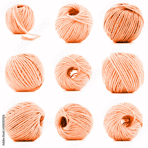 Orange ball of yarn collection isolated on white background