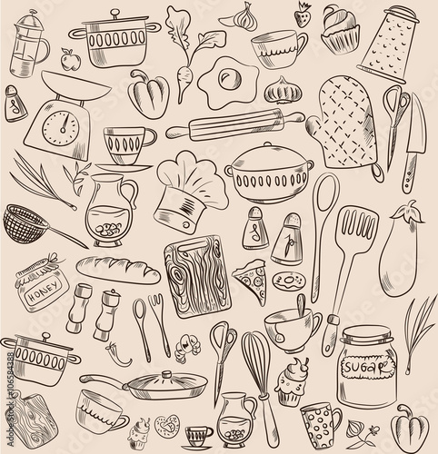 drawn doodle Kitchen utensils set Vector illustration Sketchy kitchen ware icons collection Isolated appliance kitchen tools symbols Cutlery icons Cooking equipment