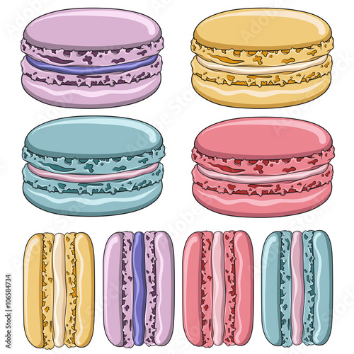 Set of colorful French macaroon cookies. Isolated objects on a white background
