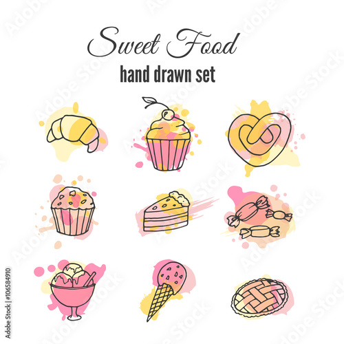 Vector cake illustration. Set of hand drawn sweets with colorful watercolor splashes. Cupcakes with cream and berries