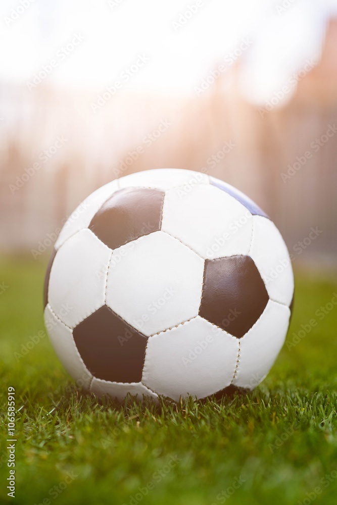 Fototapeta premium Football or soccer ball on green grass.