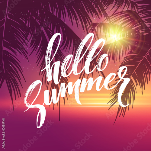 Hello summer  background. Tropical palm leaves pattern, handwriting lettering. Palm Tree branches. Tropic paradise backdrop. Vector illustration