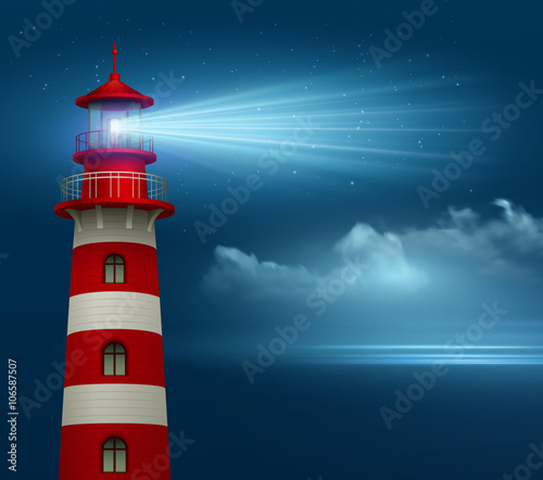 Realistic lighthouse  in the night sky background. Vector illustration