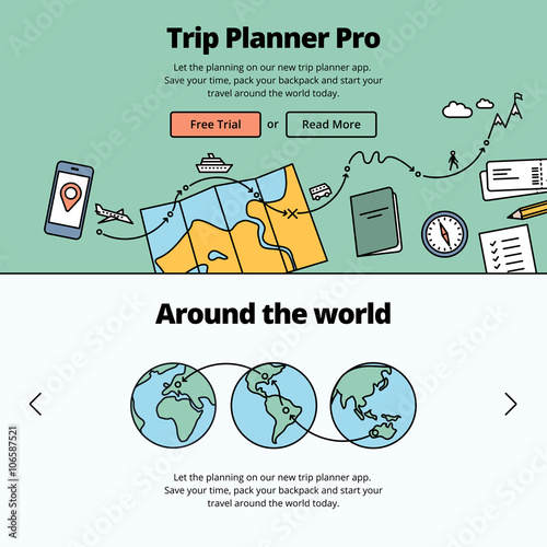 Travel preparation illustration and website banner. Planning a trip around the world with a trip planner application.