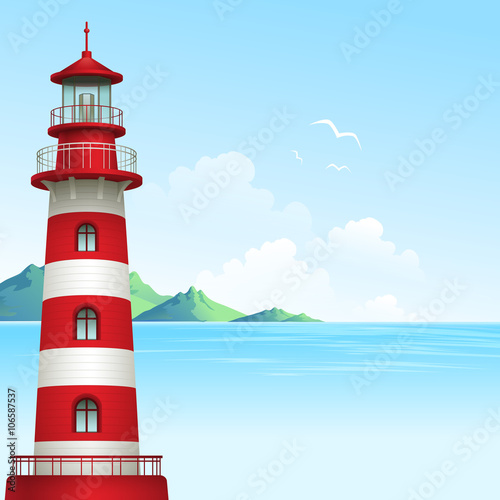 Blue sea background with waves and lighthouse. Vector Illustration
