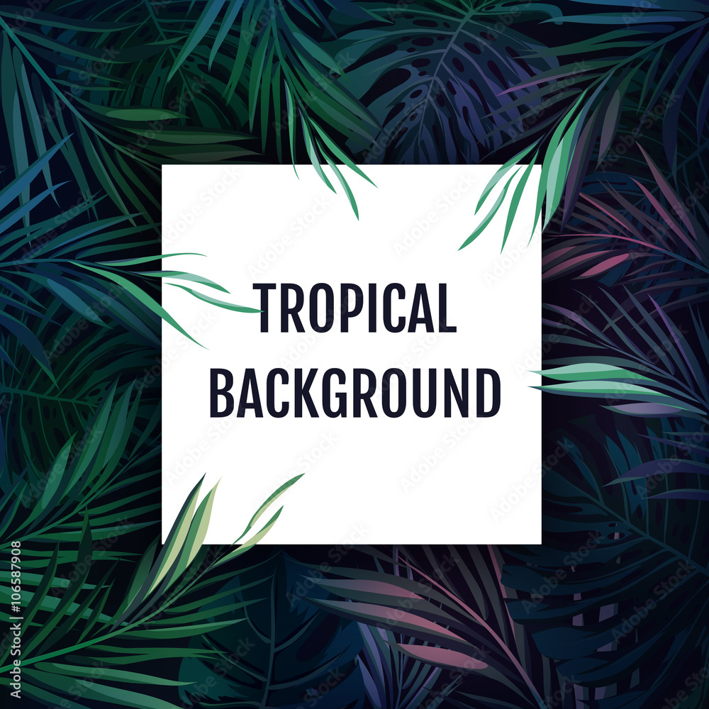 Naklejka premium Summer tropical hawaiian background with palm tree leavs and exotic plants