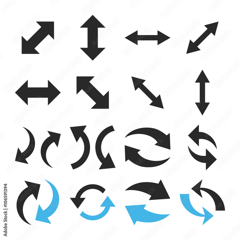 Exchange Arrows vector icon set. Collection style is bicolor blue and gray flat symbols on a white background. Exchange Arrows vector icon set. Collection style is bicolor blue and gray flat symbols on a white background.