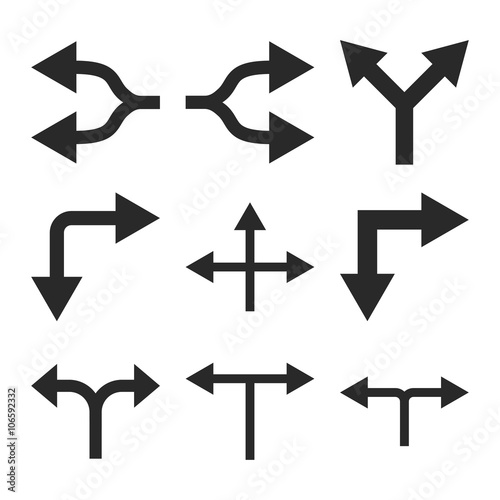 Junction Arrows vector icon set. Collection style is gray flat symbols on a white background.