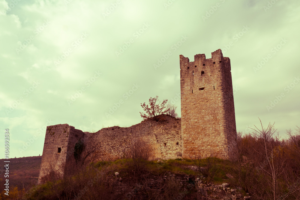 Atmospheric ruins of the medieval castle in abandoned city of Dvigrad, Croatia 

