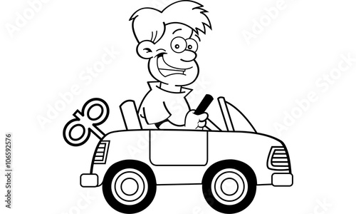 Black and white illustration of a boy driving a toy car.
