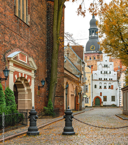 Medieval church and buildings in old Riga city, Latvia