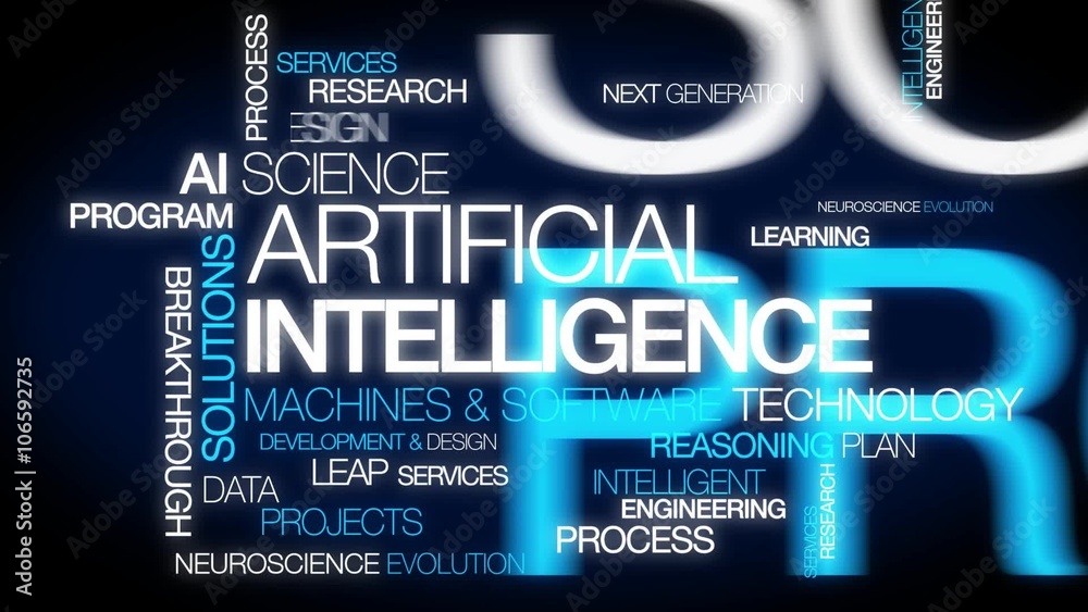 Artificial intelligence (AI) words tag cloud text machines software animation