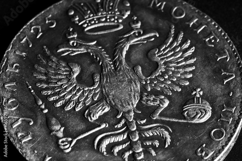 Ancient coins of Russia, 17 century 1725, on black background