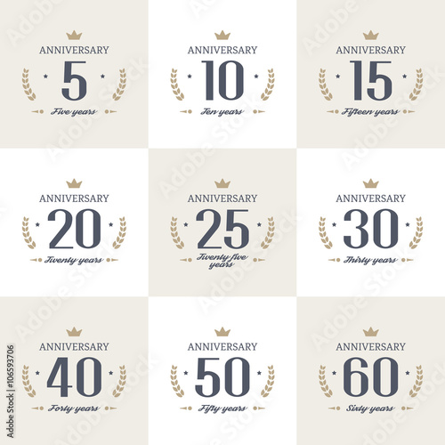 Vector set of anniversary signs, symbols. 5, 10, 15, 20, 25, 30, 40, 50, 60 years jubilee design elements collection.