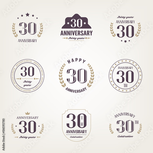 Thirty years anniversary celebration logotype. 30th anniversary logo set.