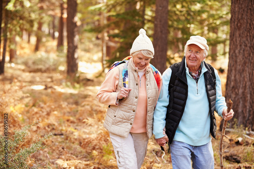 Senior couple hold hands hiking in a forest, California, USA © Monkey Business
